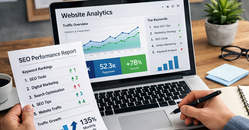 website analytics dashboard and SEO performance report showing traffic growth